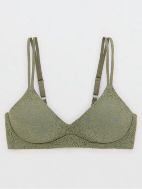 Aerie Olive Fun Floral Lace Wireless Push Up Bra 36B NWT Real Good Comfort Bra